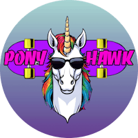 a unicorn wearing sunglasses and a skateboard with the words pony hawk